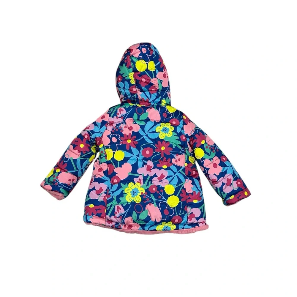 Falls Creek Girls 2T Toddler Reversible Puffer Jacket Coat Faux Fur Flowers Hood - Picture 6 of 9